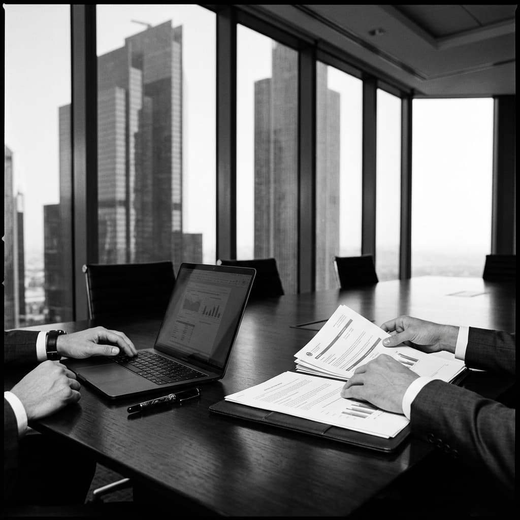 Ejecutivo revisando información financiera en una mesa de trabajo